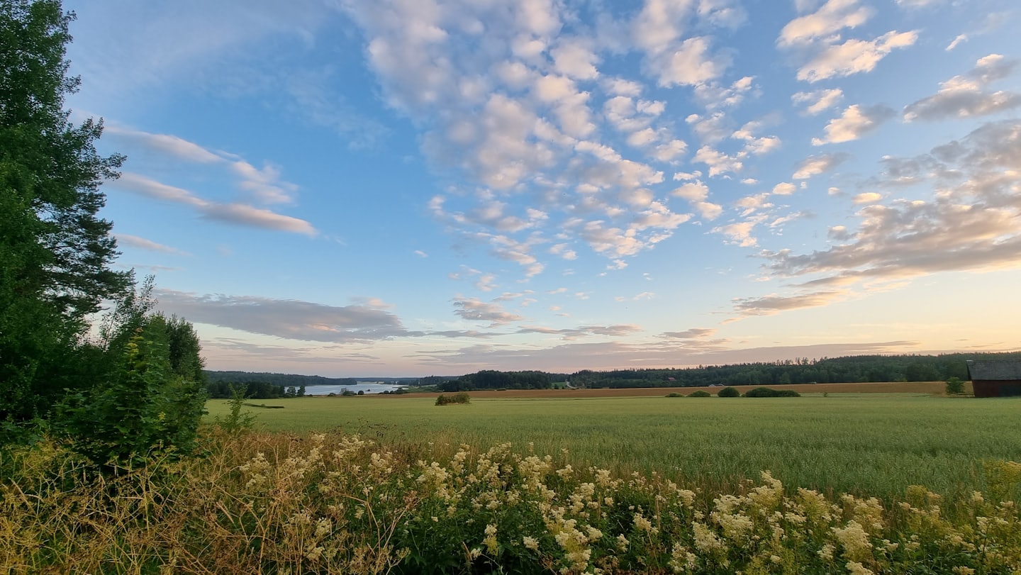 Avondlucht boven het open land aan het water bij Ockelbo
