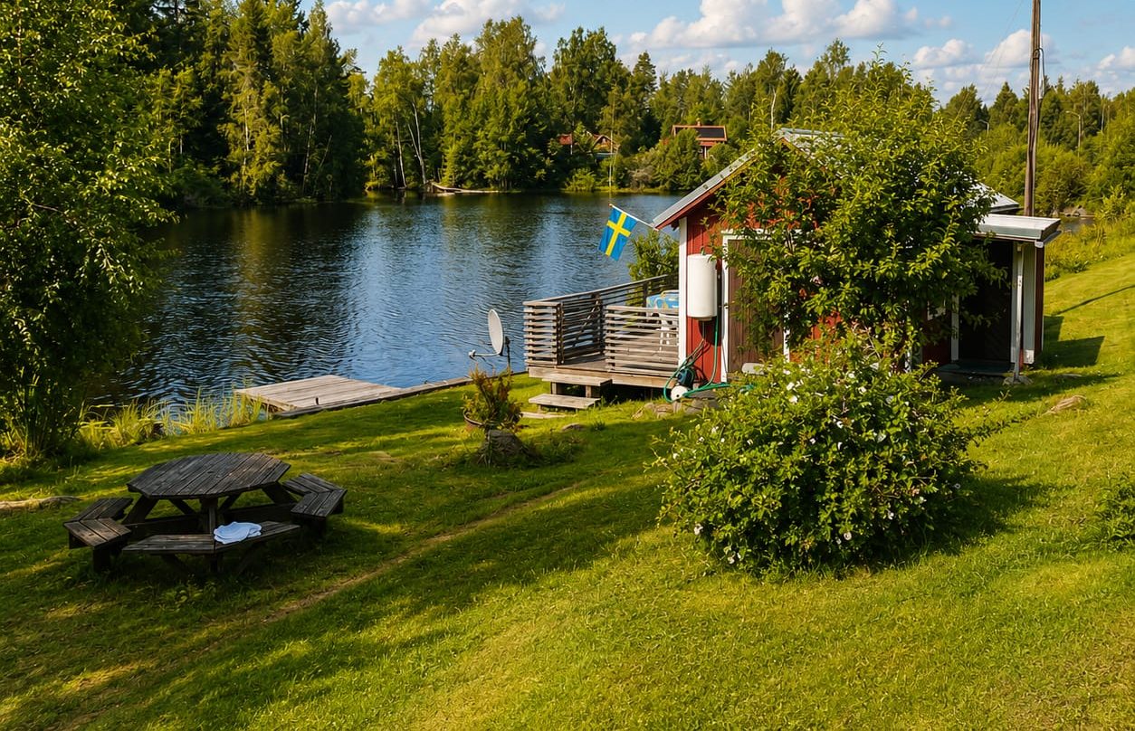 Het erf aan het water met picknicktafel, vlonder en Zweedse vlag