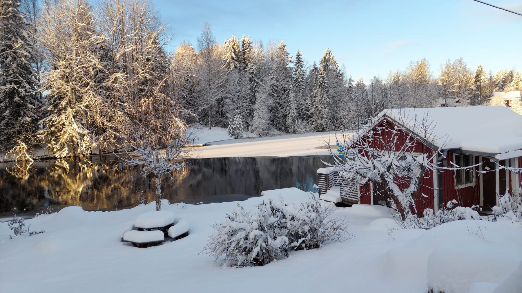 Het rode huis aan het water onder een dik pak sneeuw