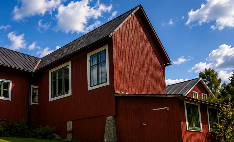 Het rode Zweedse huis van ResetSweden in de zomer