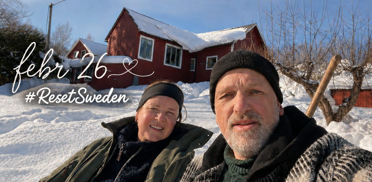 Arno en Marion in de sneeuw voor het rode huis in Ockelbo